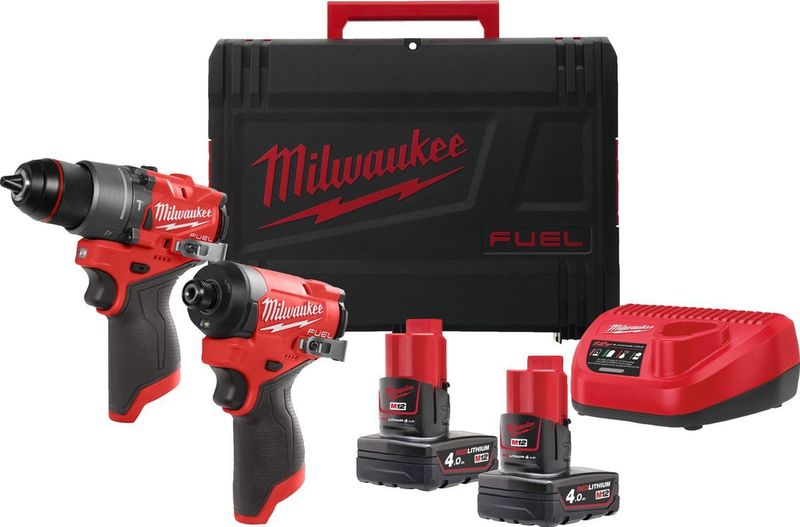 Milwaukee - M12 POWERPACK - Accu Slagboormachine/Slagschroevendraaier Set - 12V - Incl. 4.0 Ah Accu's [2x] en Lader in HD BOX