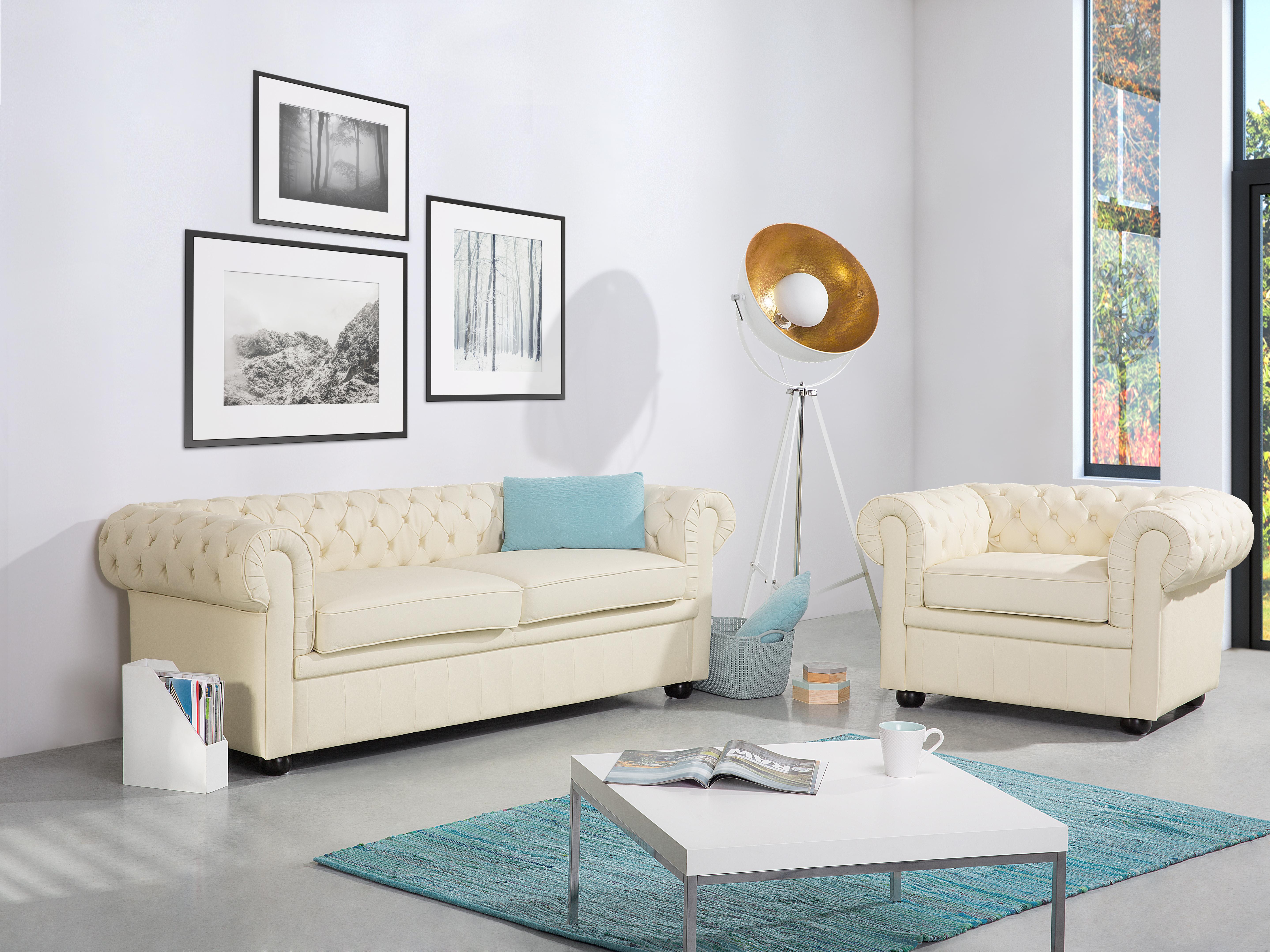 Bank 3-zits CHESTERFIELD Leer Lichtbeige