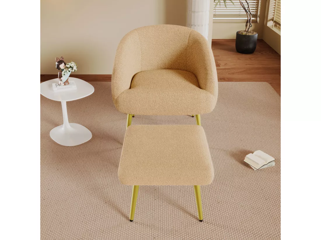 Chaise moderne rembourrée Sherpa avec pouf, design ergonomique, pieds dorés, confort luxueux,marron