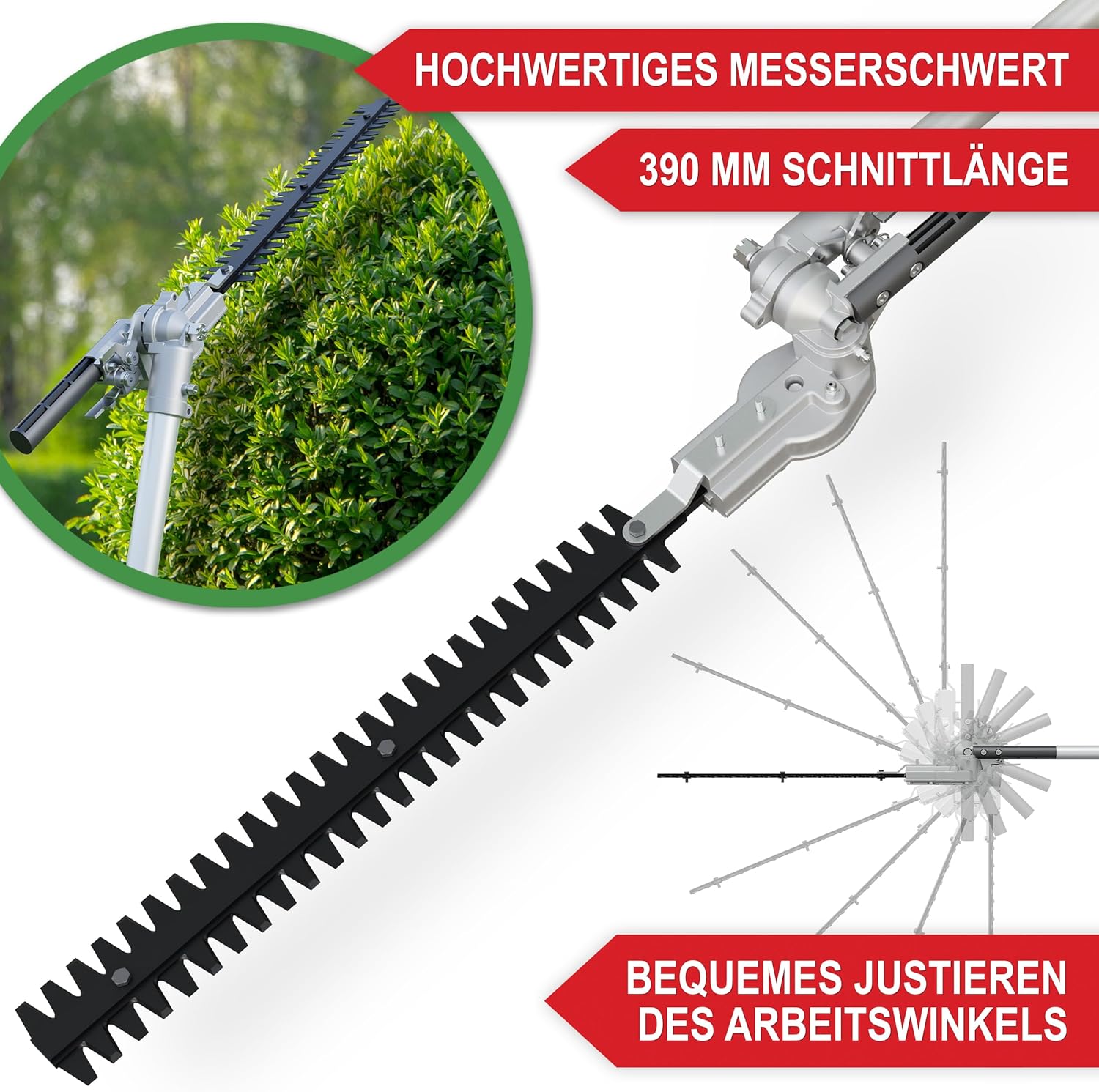 hochwertiges 4 IN 1 Benzin Multifunktionsgerät – Starke 1,9 PS/ 1,4 KW - Freischneider, Rasentrimmer, Heckenschere und Hochentaster in Einem – mit Verlängerung Stange – ergonomischer Tragegurt