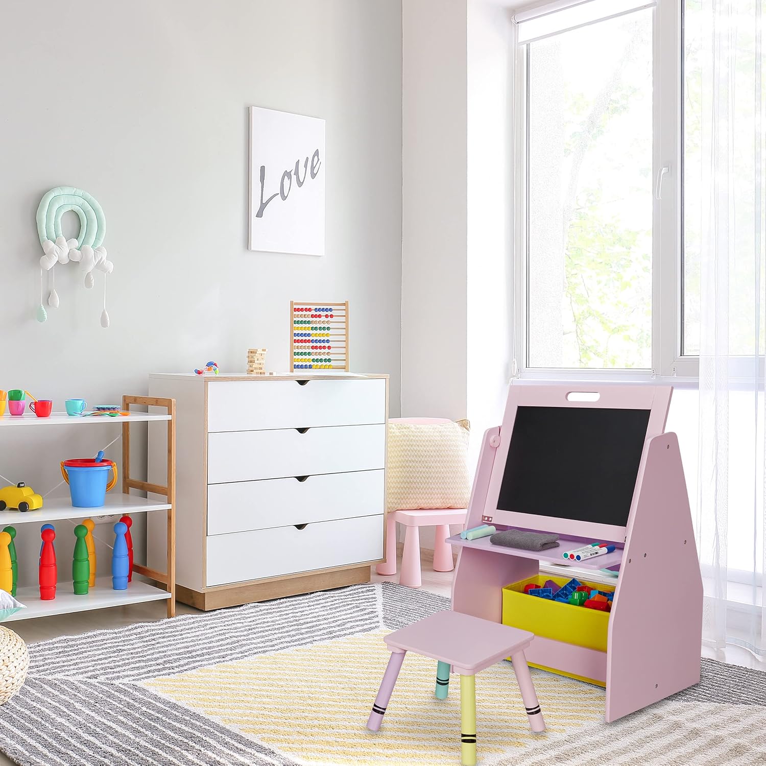 Relaxdays Kinderregal mit Tafel, Spielzeugregal mit 2 Fächern & Stoffbox, HBT: 84x52x45 cm, Spieltafel mit Hocker, rosa