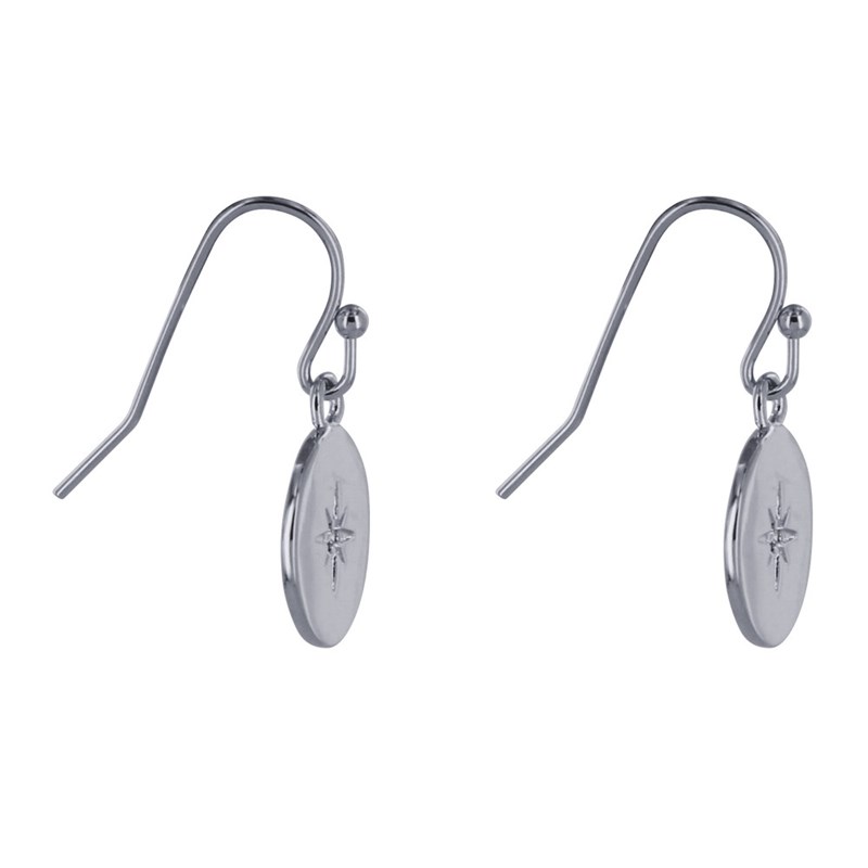 Boucles d'Oreilles Argent Rhodié Médaille Ronde Etoile Polaire et Strass