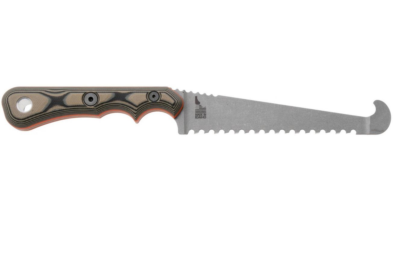 TOPS Knives Muley Saw MSAW-01, 154CM Tumble Finished, Tan Black G10, bottenzaag, Leo Espinoza design
