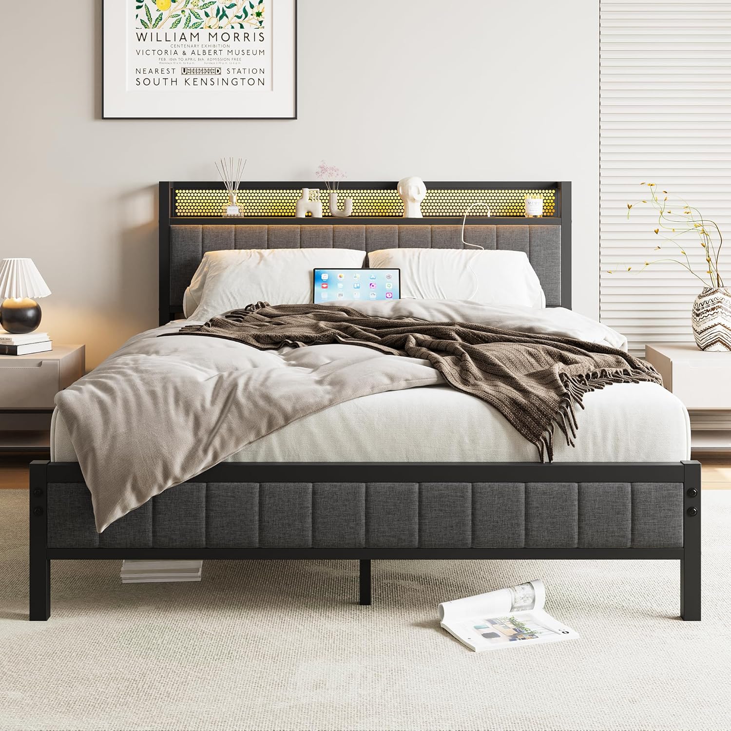 Polsterbett 160x200 mit Lattenrost aus Metall,Bettrahmen Metallbett Bettgestell 160x200 mit LED Beleuchtung,Ladestation,Doppelbett Gästebett Jugendbett,für Schlafzimmer Gästezimmer,Grau