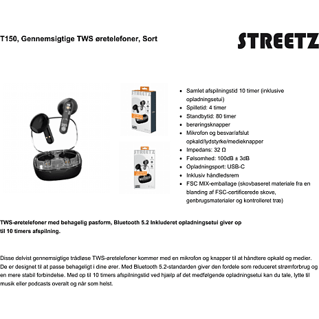 Streetz T150 TWS transparent In-ear - sort