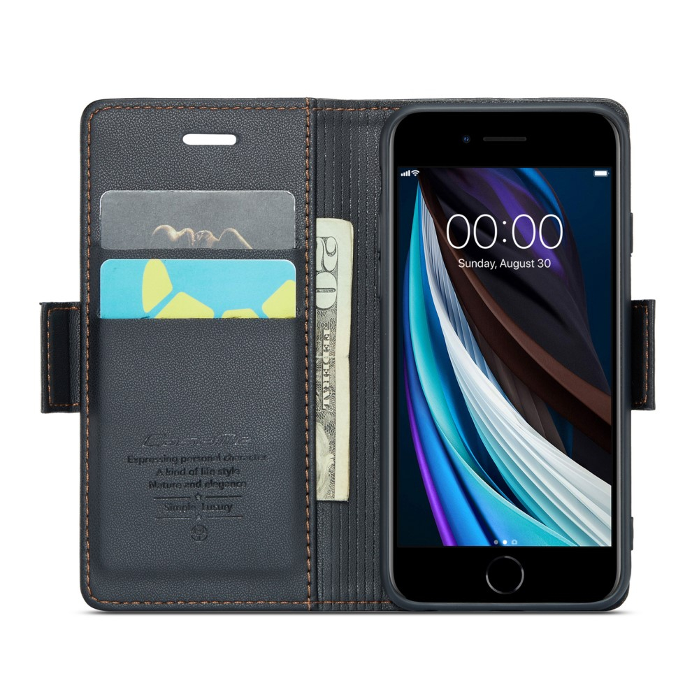 iPhone SE (2022/2020) / 8 / 7 / 6S Leder Tasche Flip Wallet Etui mit Kartenfächern Litchi Look (RFID Schutz) - Schwarz