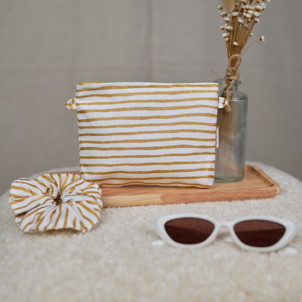 Mini Pochette Tissu Rayé Or Blanc