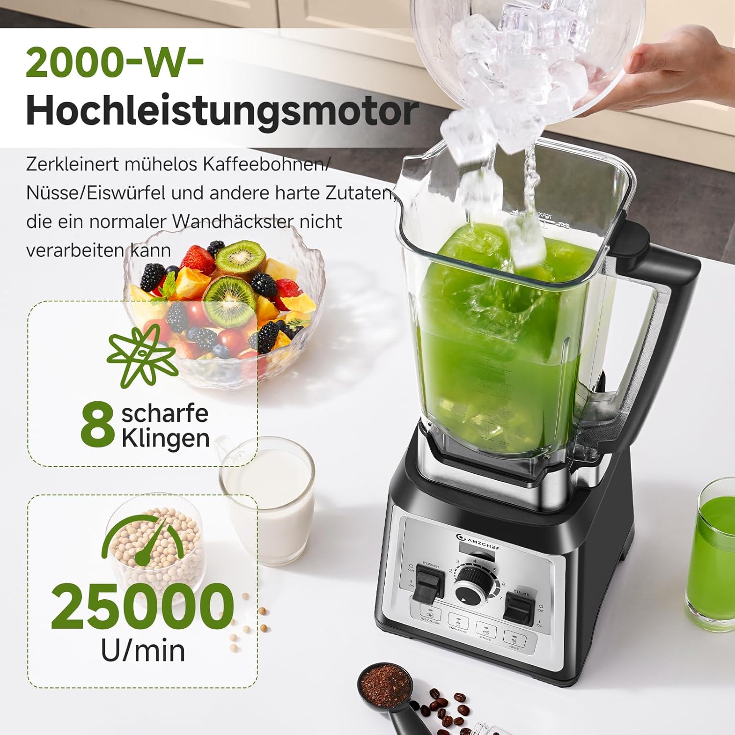 AMZCHEF Standmixer 2000 Watt | 2L Mixer Hochleistungsmixer | Blender mit 8 Einstellbaren Geschwindigkeiten und 4 Vorprogramme für Crushed Ice, Smoothie Maker, Grind Mixer | BPA-Freiem