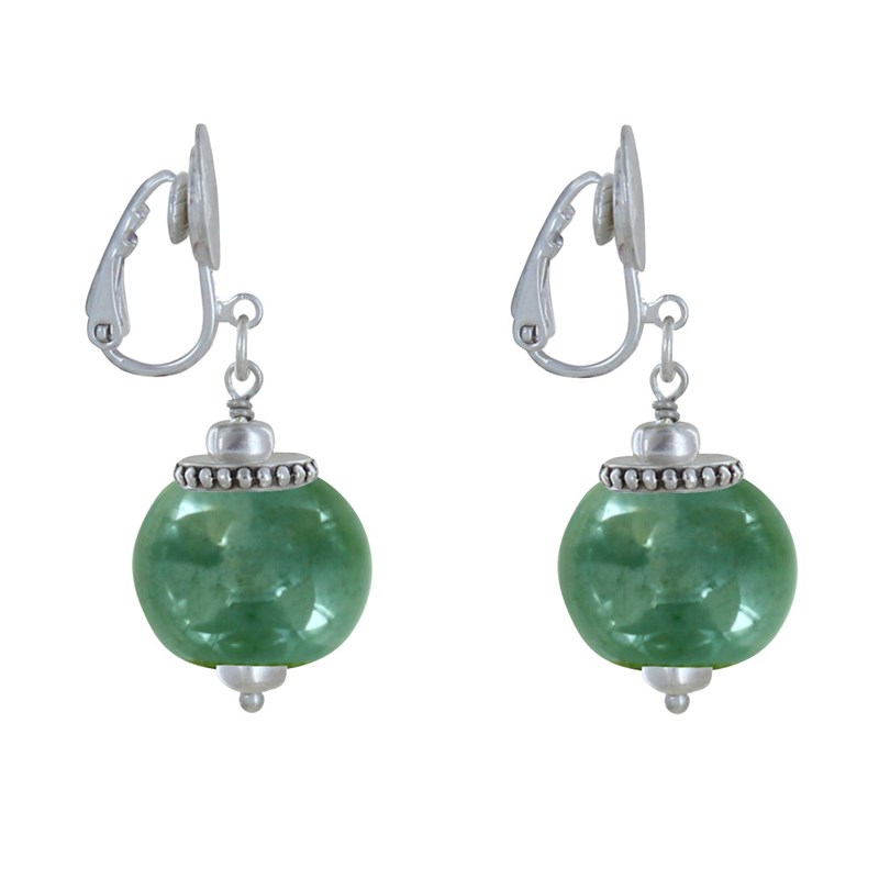 Boucles d'Oreilles Clip Métal Argenté et Grosses Perles en Céramique