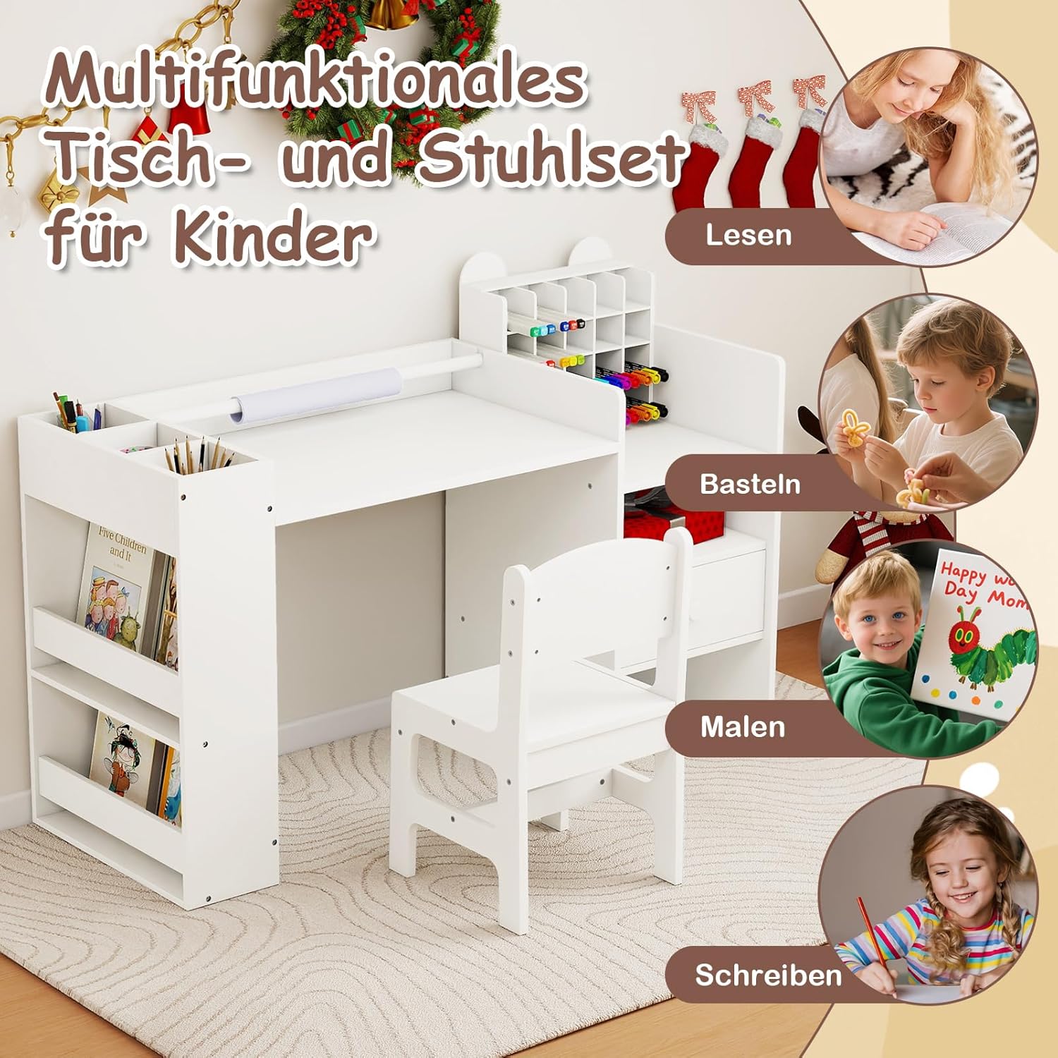 COSTWAY Kinder Tisch Stuhl Set, Maltisch mit abnehmbarem Papierrollenhalter & Fächerschrank, Kindertisch mit Stauraum, Regalen & Schublade, Kindersitzgruppe für Kinder ab 3 Jahren