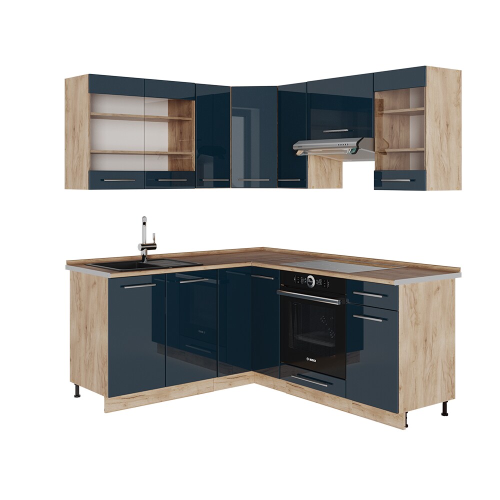 Vicco Eckküche Fame-Line Eiche Dunkelblau Hochglanz 160 x 190 cm mit Arbeitsplatte Weiß-Marmor