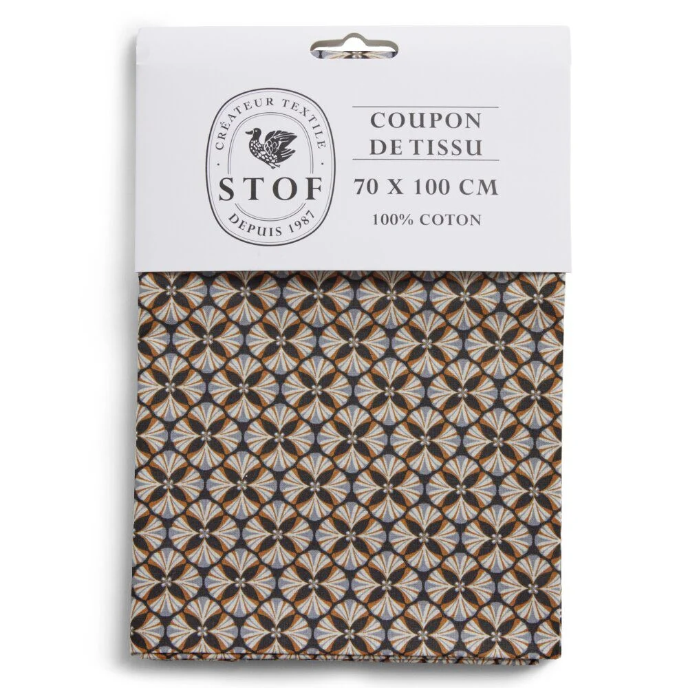 Coupon tissu imprimé Eugène 70x100cm coton bleu, noir et marron