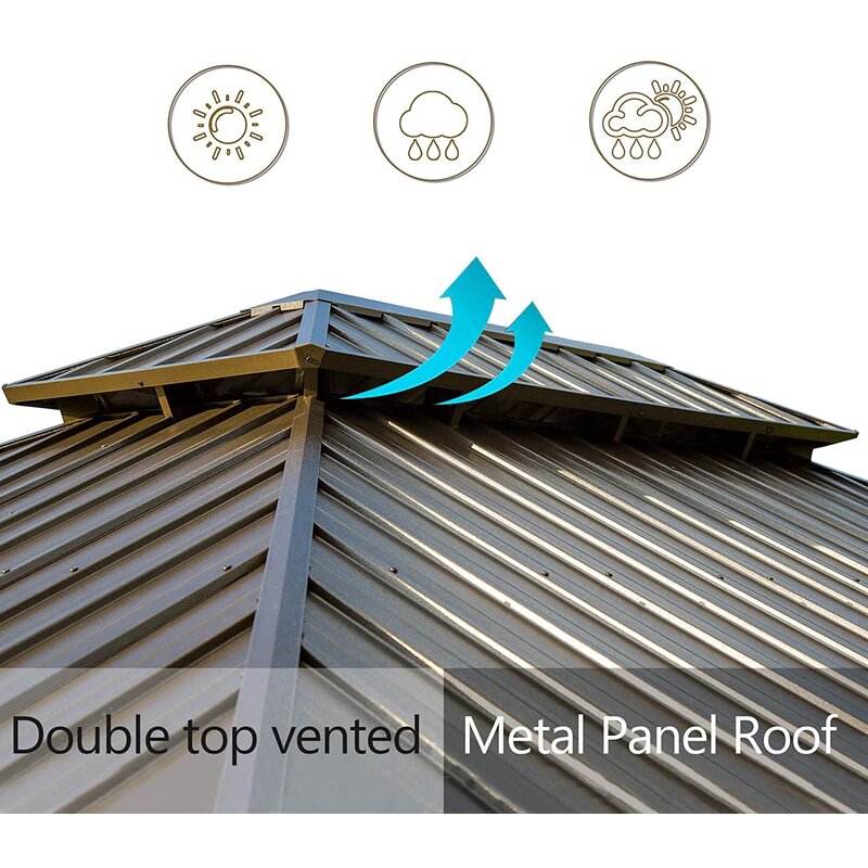 Gazebo Calaro em aço galvanizado para pátio, com 5,94 m de largura x 3,35 m de profundidade.