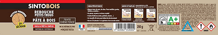 Pâte à bois rebouche imperfections chêne foncé SintoBois 250g