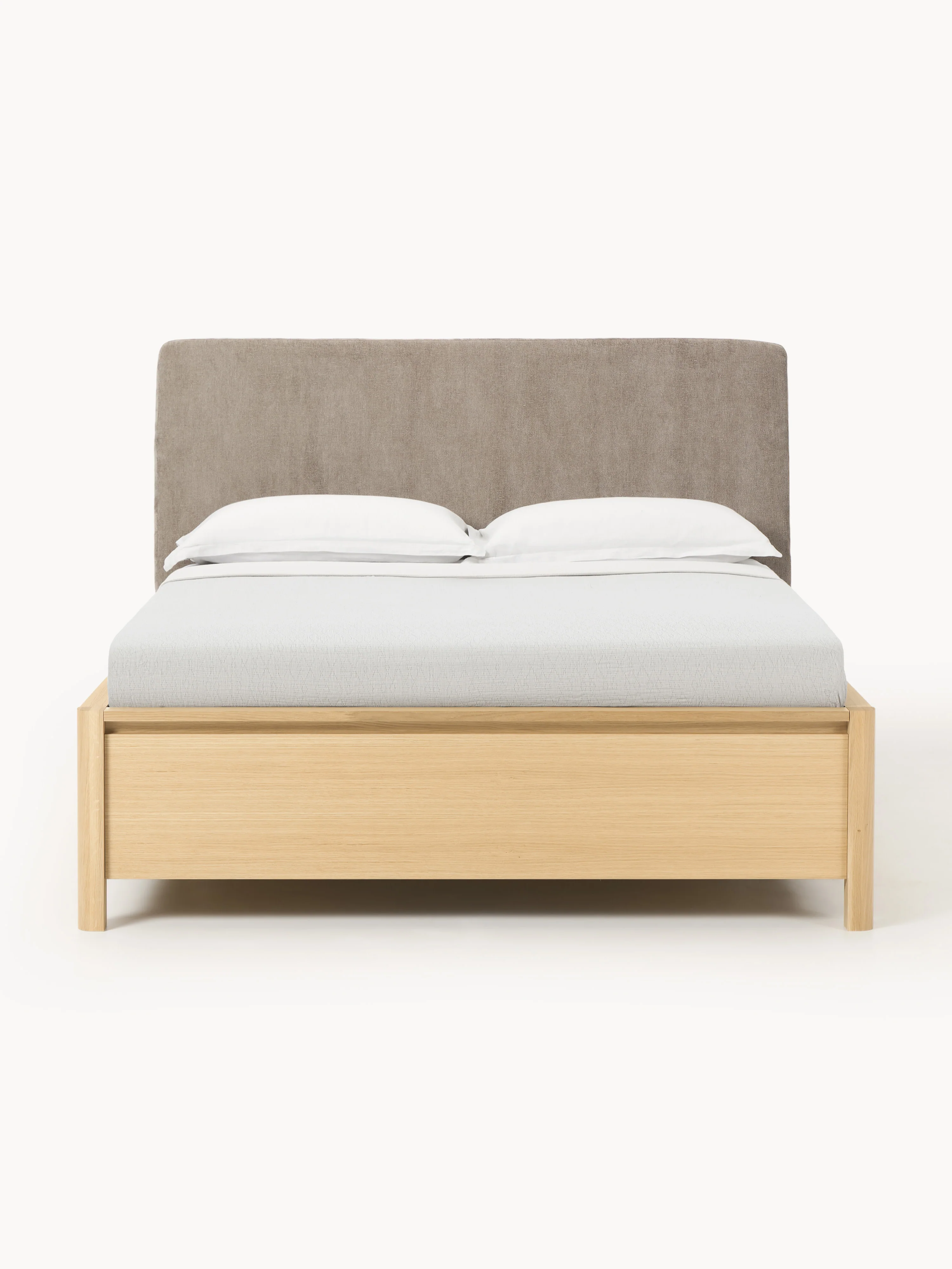 Houten bedframe Santiago met gestoffeerd hoofdeinde en lades