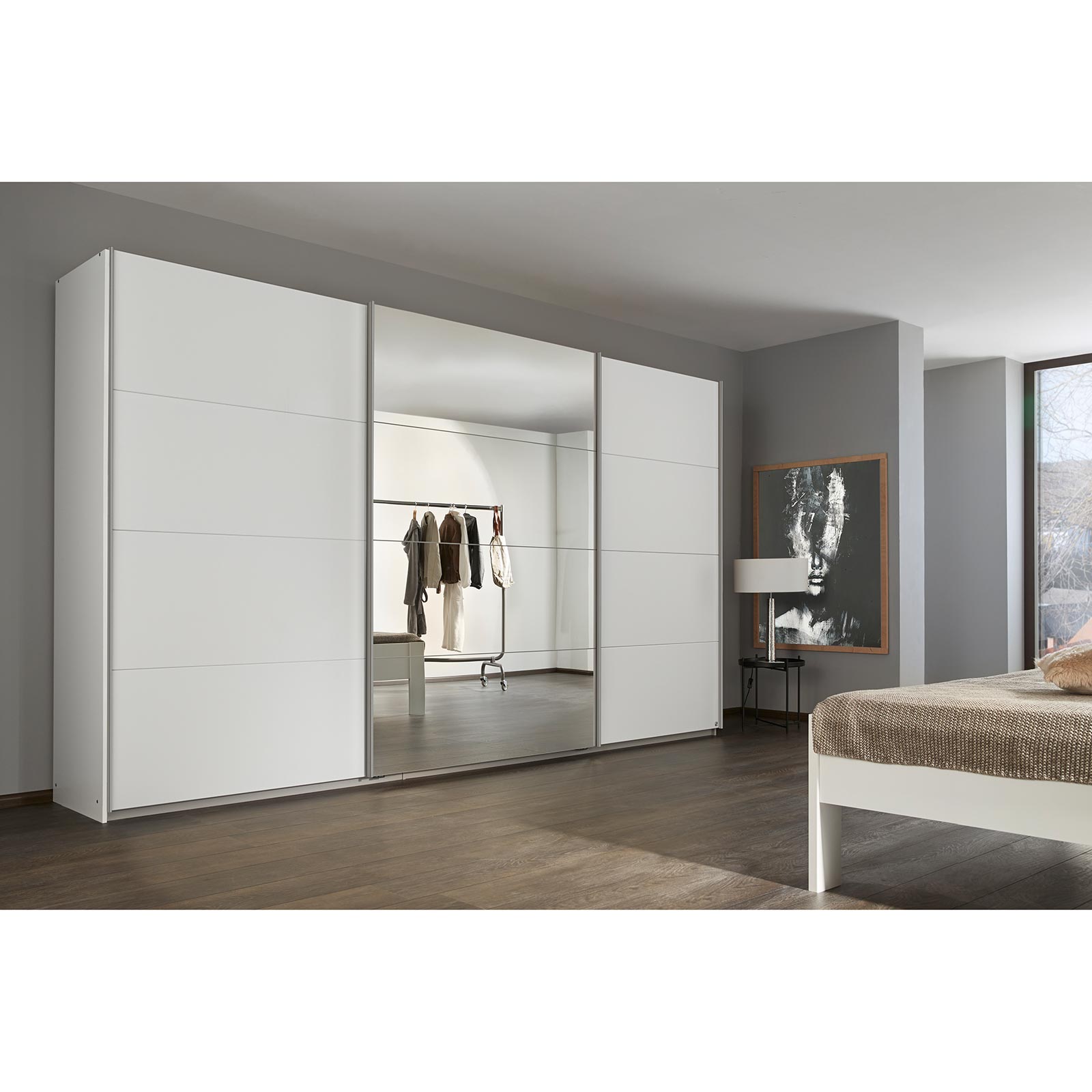Schwebetürenschrank - alpinweiß - mit Spiegel - 360x210 cm