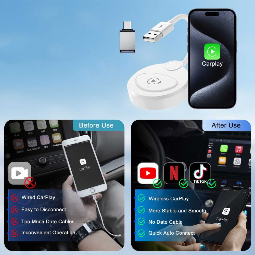 Apple Carplay Screen Mirroring / Videowiedergabe Auto KFZ USB A / USB C Adapter für Apple iOS mit Play & Pause Knopf (Kabelgebunden) - Schwarz