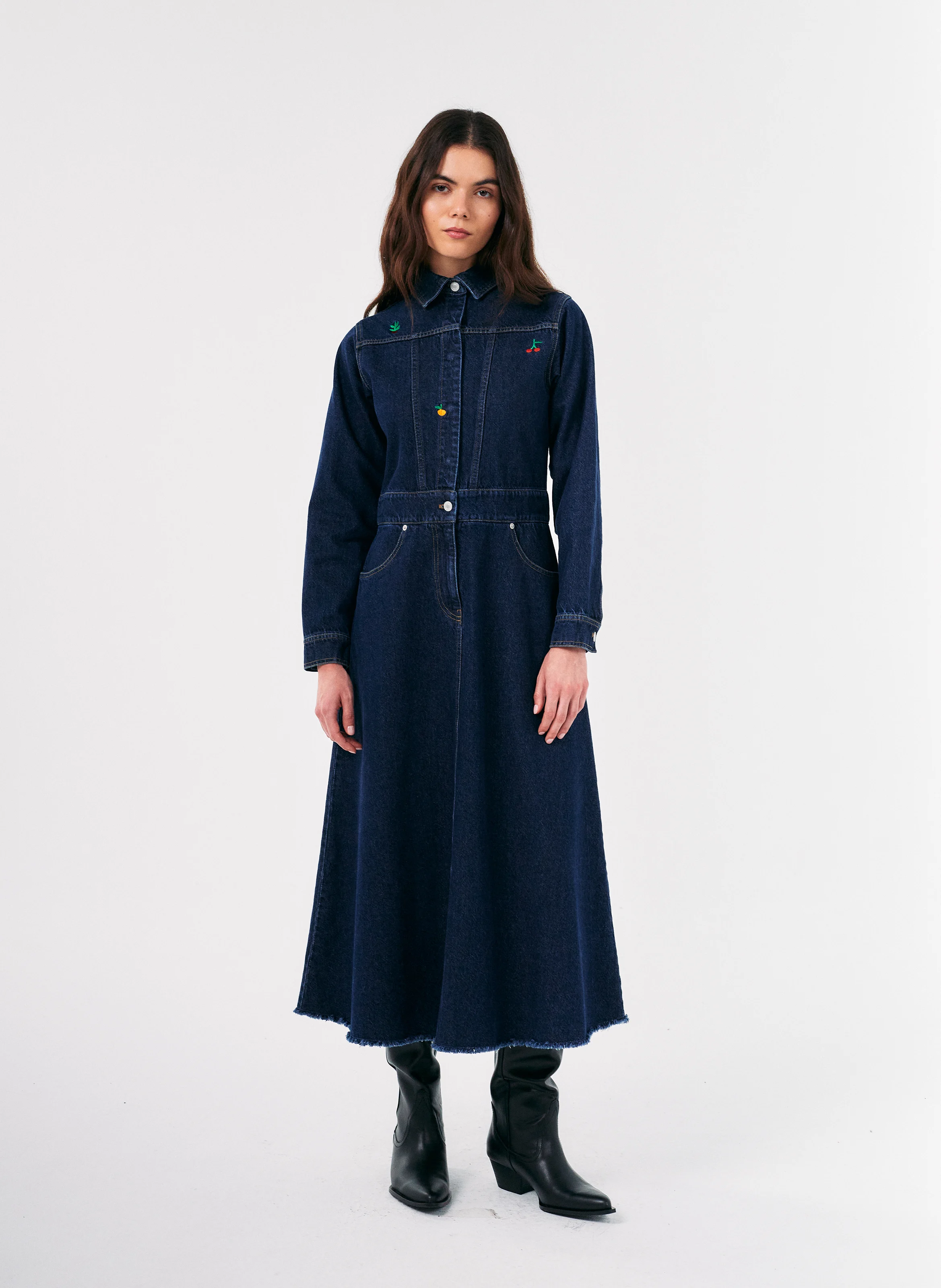 Robe midi col chemise en jean| Bleu