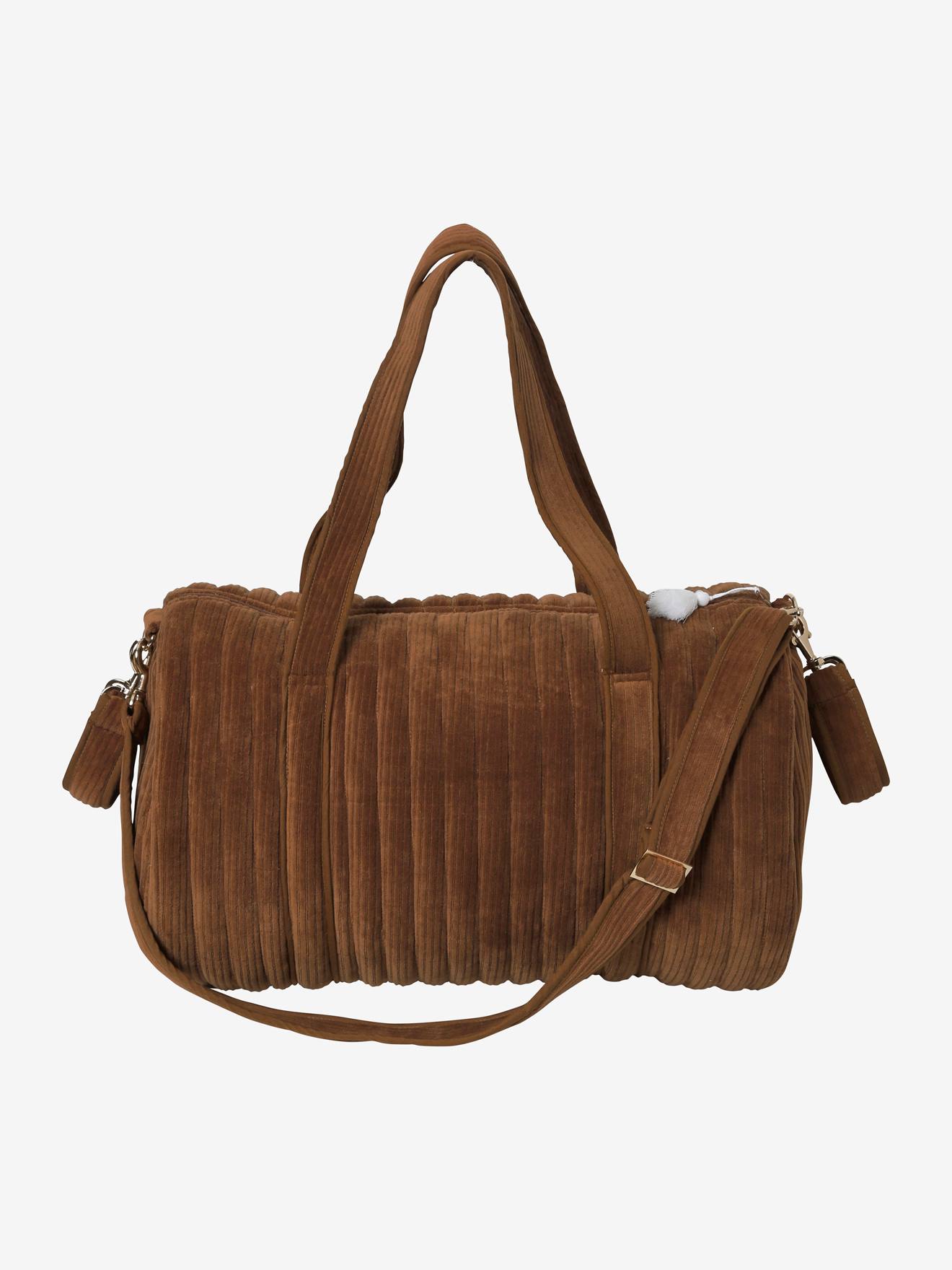 Bolsa de maternidade Baby Roll em veludo cotelê marrom claro liso.