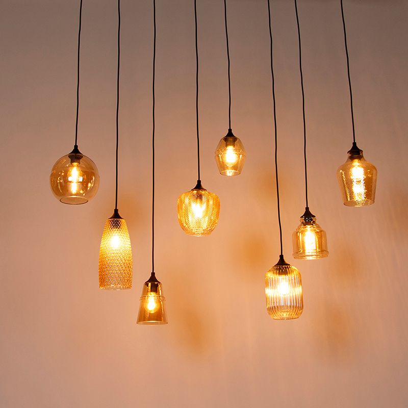 Art deco hanglamp zwart met amber glas 8-lichts - Hanne