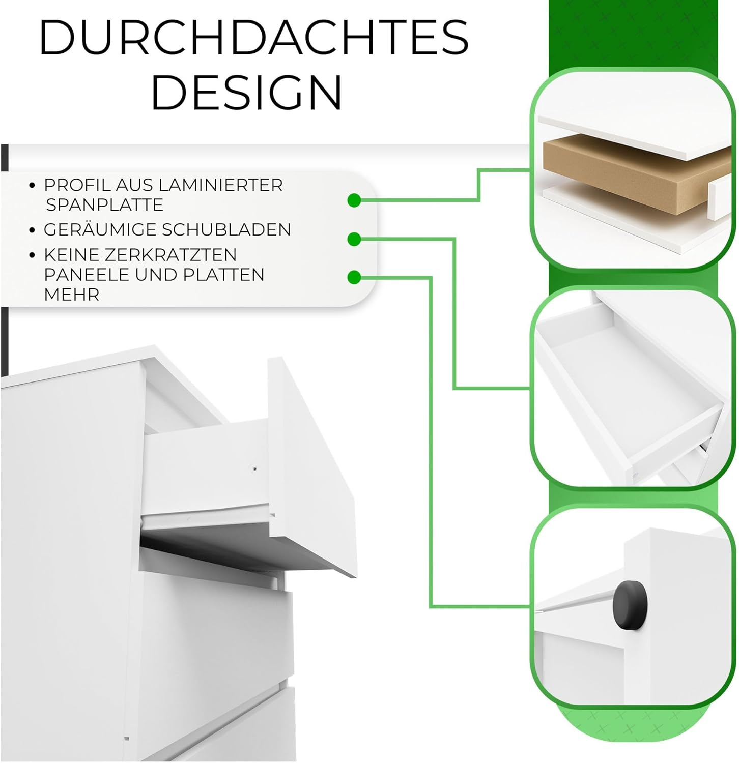 CDF Kommode Weiß mit 4 Schubladen 97 cm Hoch Sideboard Schmale Komode Schlafzimmerkommode für Flur Büro Schlafzimmer Wohnzimmer Schubladenschrank Regal mit Schubladen Schrank Modernes Möbelstück