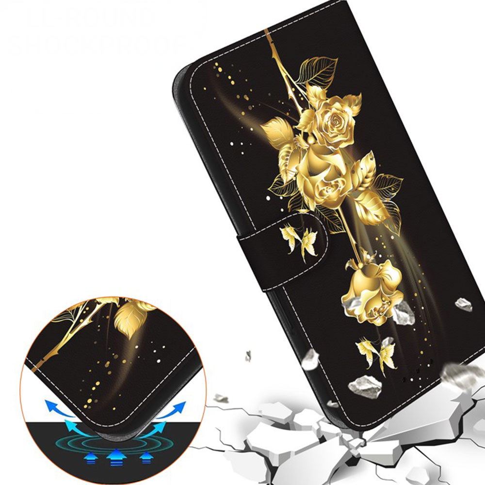 iPhone 16e Leder Tasche mit Kartenfach   Handschlaufe - Schmetterling / Rose (Schwarz / Gold)
