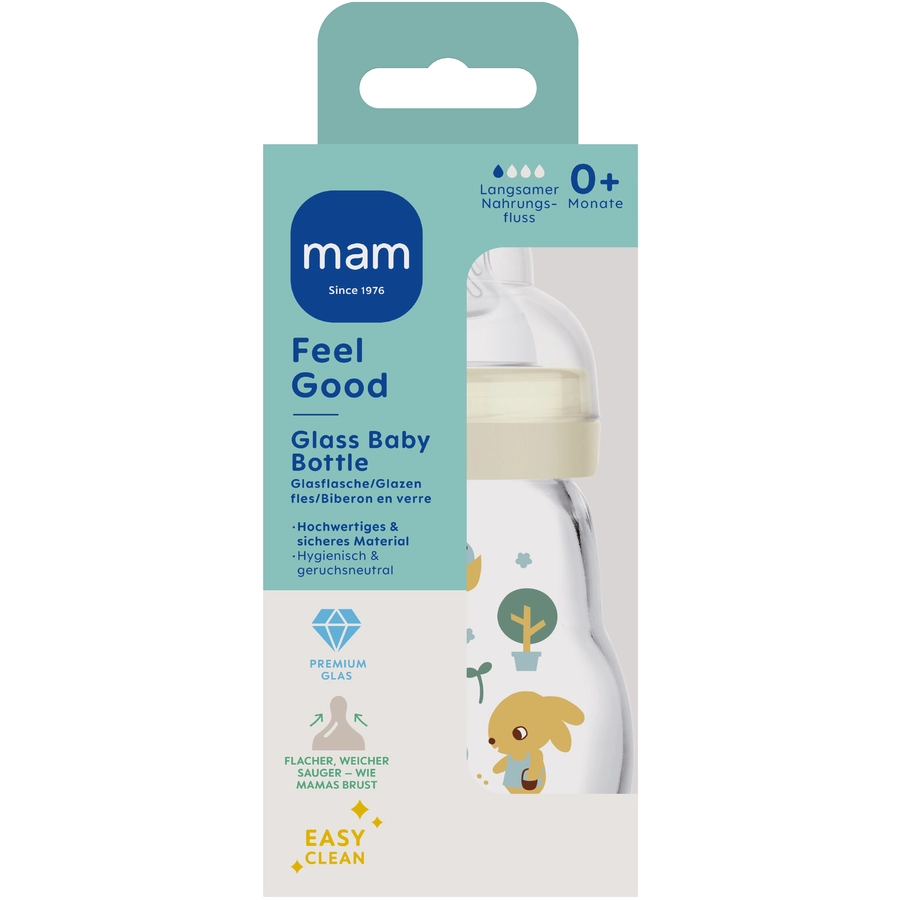MAM Glasflasche Feel Good blau 170 ml 0+ Monate, HaseKüken