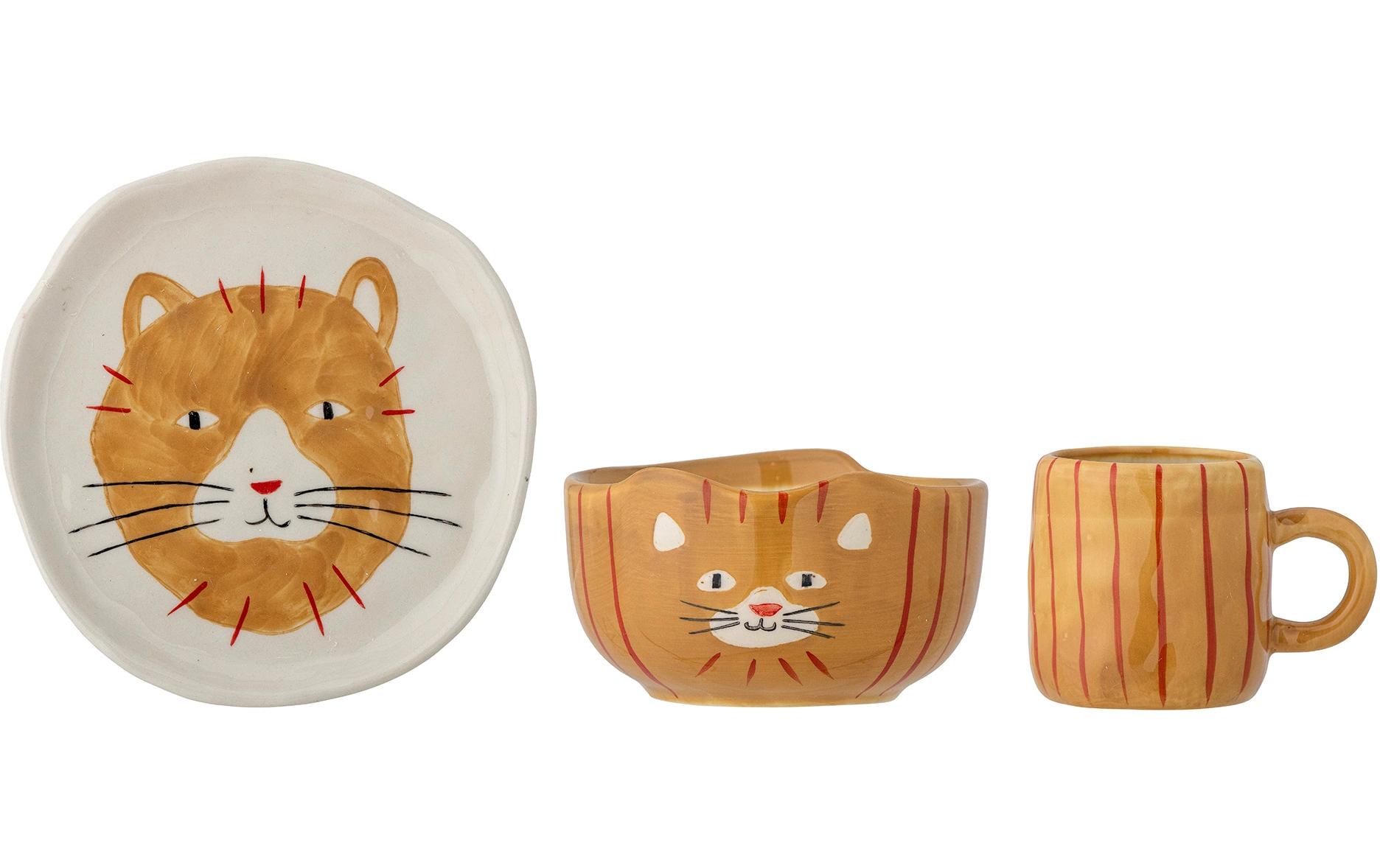 Kindergeschirrset Kittie Braun, SteingutGeschirr-Set für Kinder
