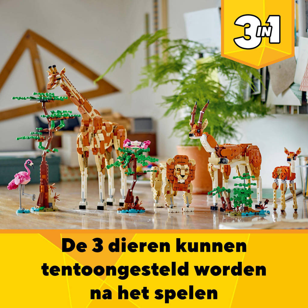 Fijne aanvulling3-in-1 Safaridieren Speelgoed Set met Giraffe, Gazelles en Leeuw 31150