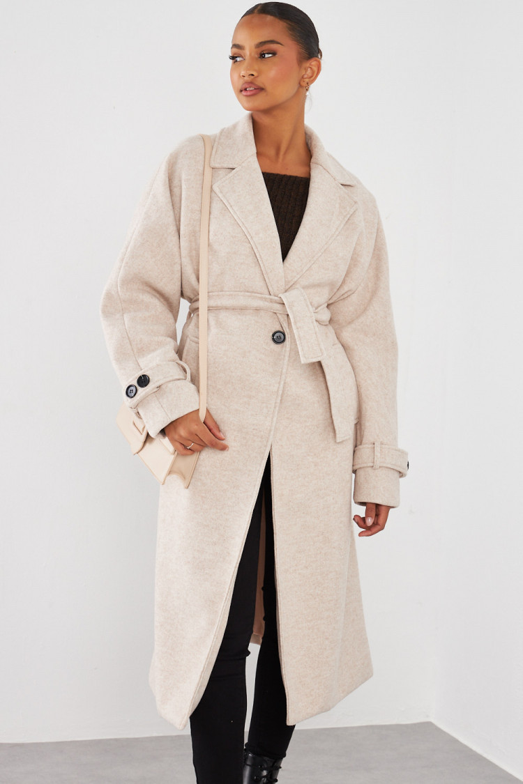 Manteau long ceinturé beige