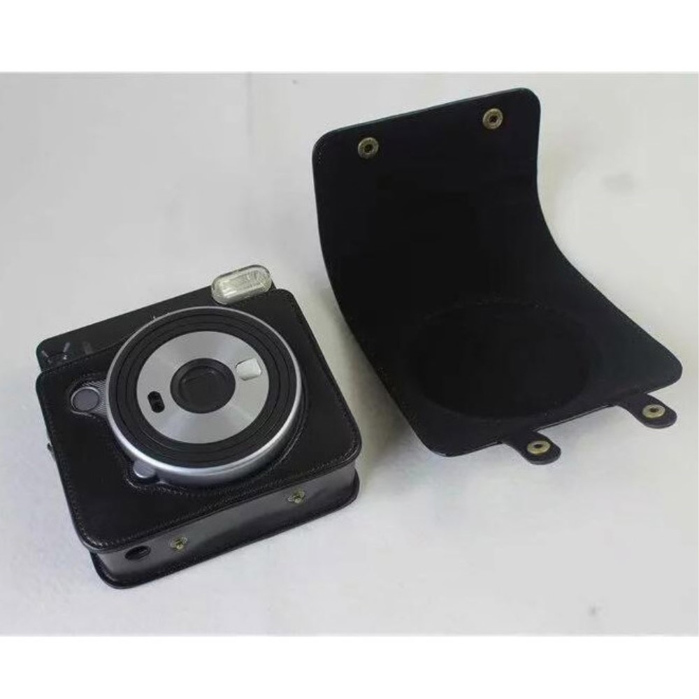 (14x14cm) Foto Kamera Ledertasche Transportbox aus Kunstleder für FUJI Instax Square SQ6 inkl. Schultergurt (108cm) - Schwarz