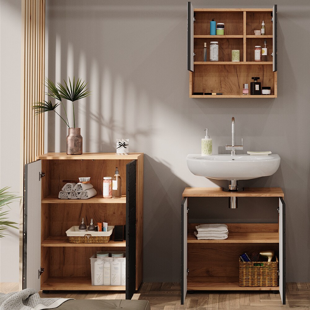 Vicco Badmöbel-Set Irma Eiche Anthrazit 3-teilig Kommode Waschbeckenschrank 60 cm