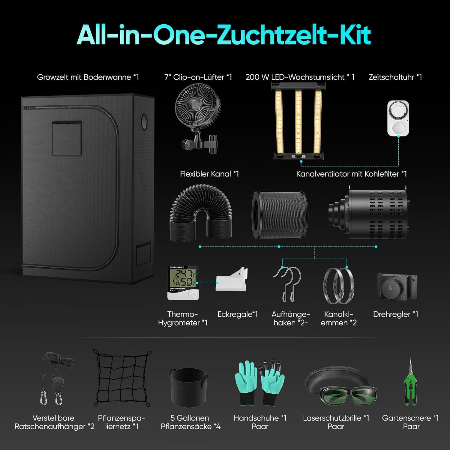 Growzelt Komplettset mit M2000 LED Vollspektrum Grow Lampe 60x120x180cm Grow Tent 4
