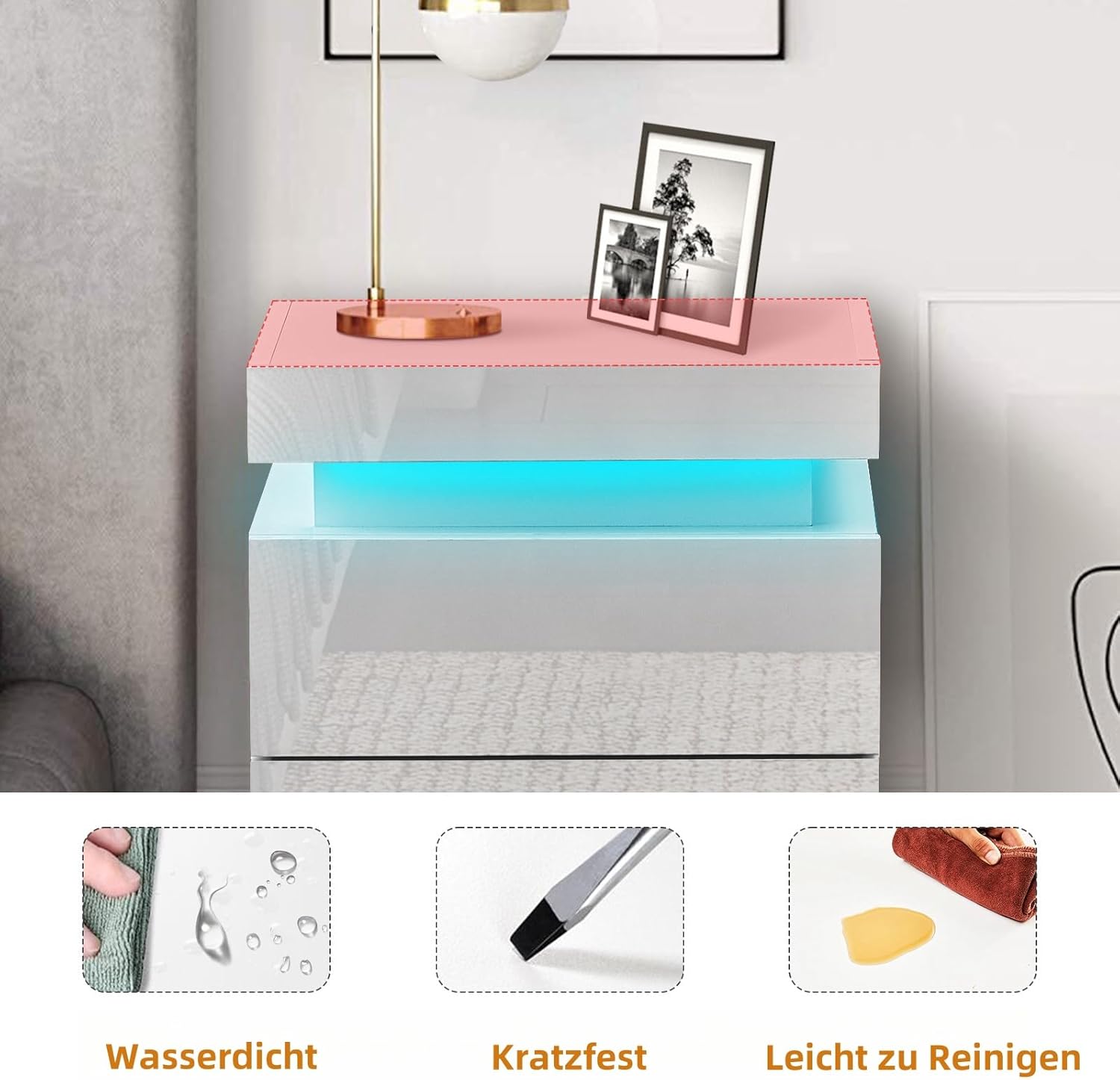 CLIPOP Nachttisch 2er Set mit LED-Beleuchtung,Einstellbare Farben,Beistelltisch Nachtschrank mit 3 Schubladen und 1 Verstecktes Staufach,Hochglanz Wohnzimmer Schlafzimmer Möbel