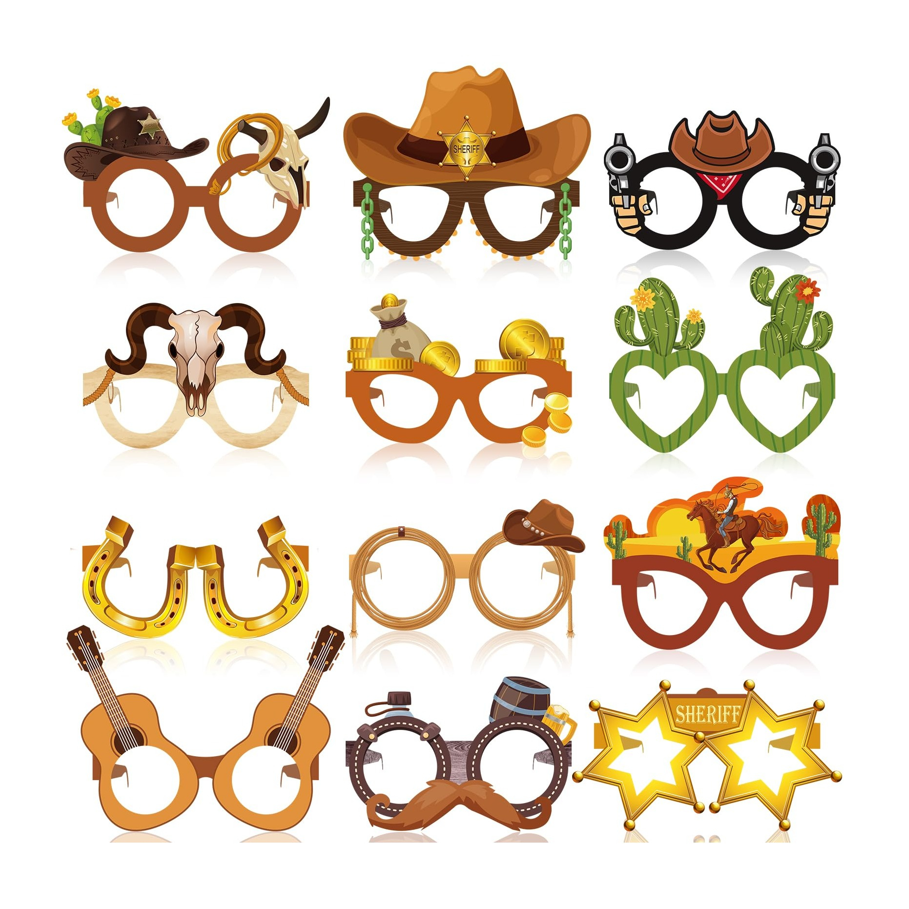 (12er Set) Photo Booth Western Brillen Country Party Fotorequisiten Foto Accessoires Dekorationen für lustige Bilder - Cowboy