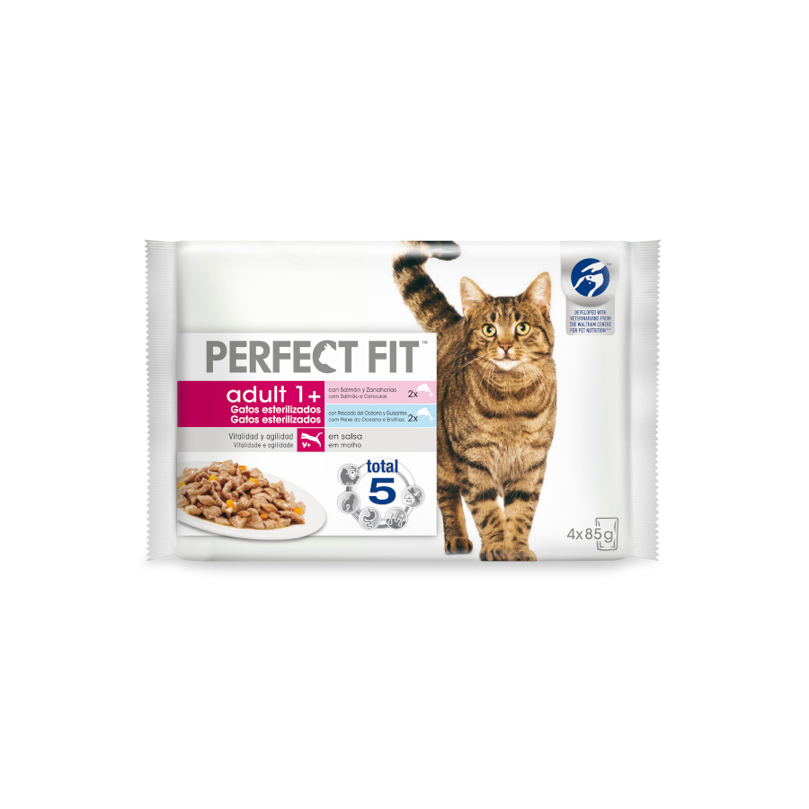 Peixe esterilizado em molho, tamanho ideal para gatos adultos.
