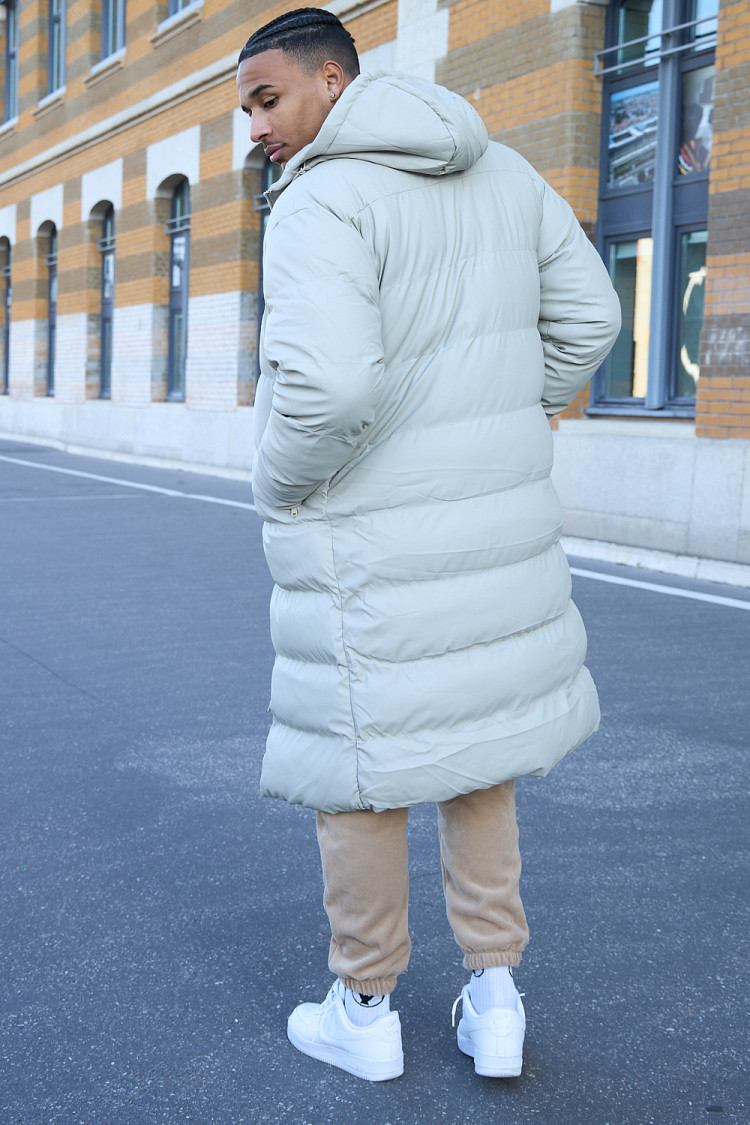 Doudoune longue matelassée beige à capuche