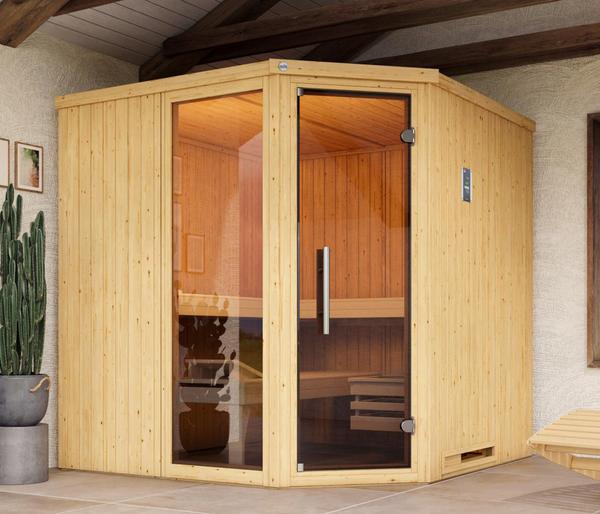 Weka Ecksauna Varberg mit Glastür und Fenster
