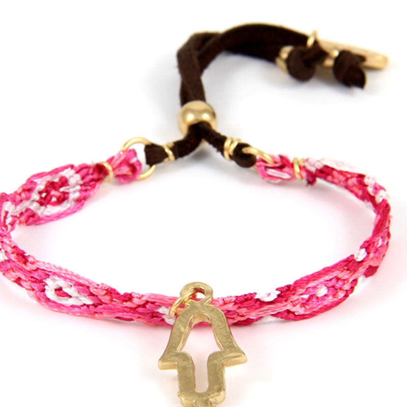 Ettika - Bracelet d'Amitié Hamsa en or jaune et Coton Tressé Rose