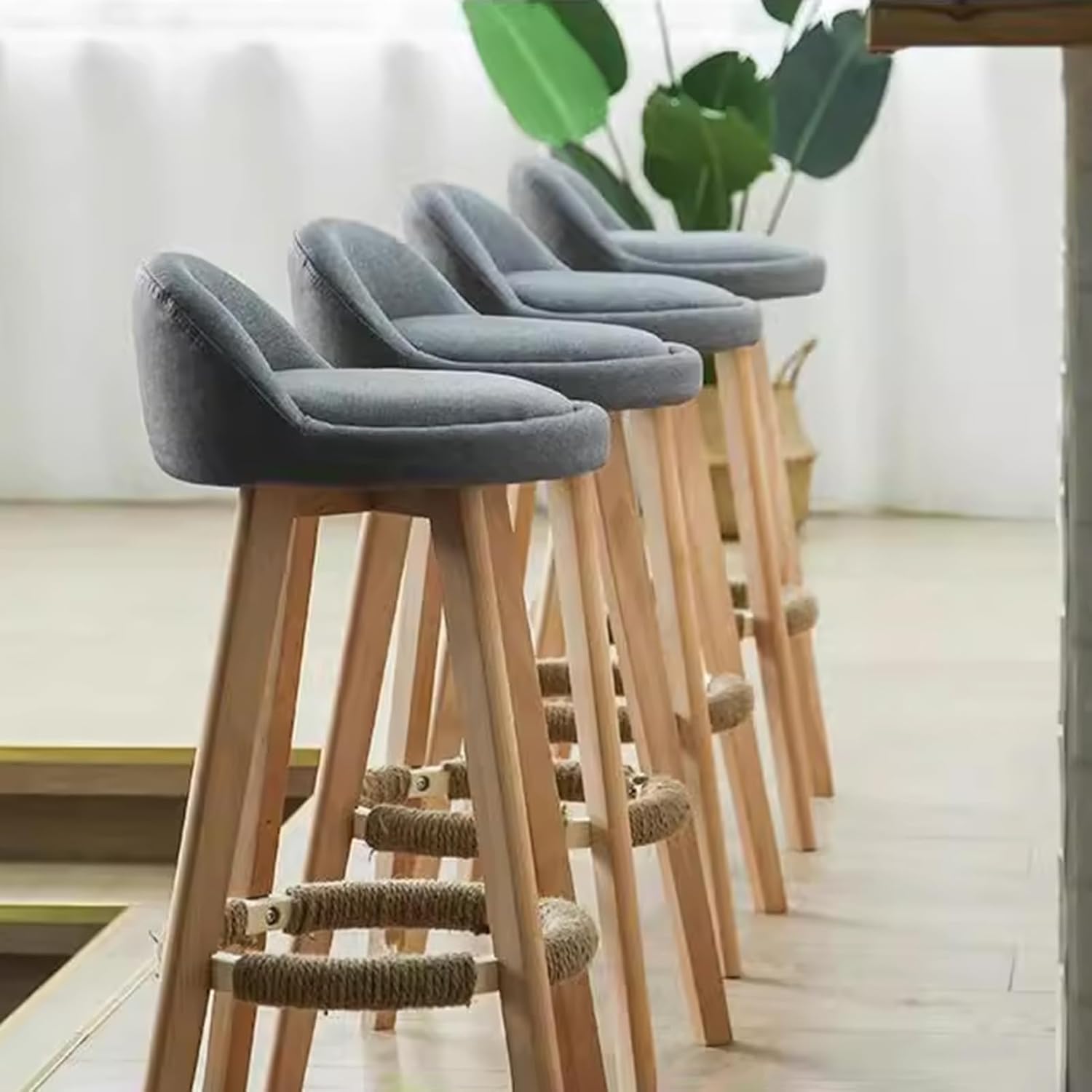 Drehbare Barhocker 2er-Set Barstuhl mit Lehne stylischer Tresenhocker Gepolsterte Sitzfläche,Küchenstuhl, Grauer Stoffbezug, Holzbeine (73cm)