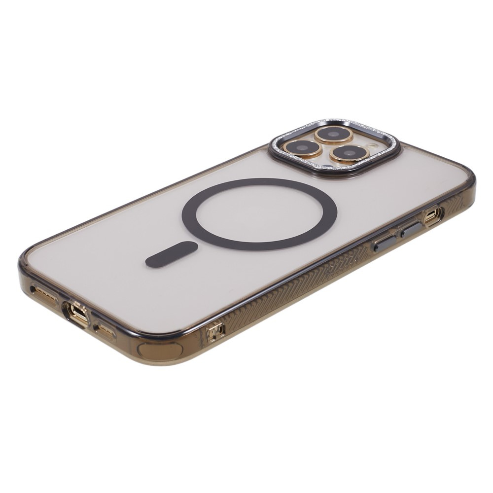 iPhone 14 Pro Max MagSafe Gummi Case Hülle mit Glitzer Aluminium Kameraschutz - Schwarz / Transparent