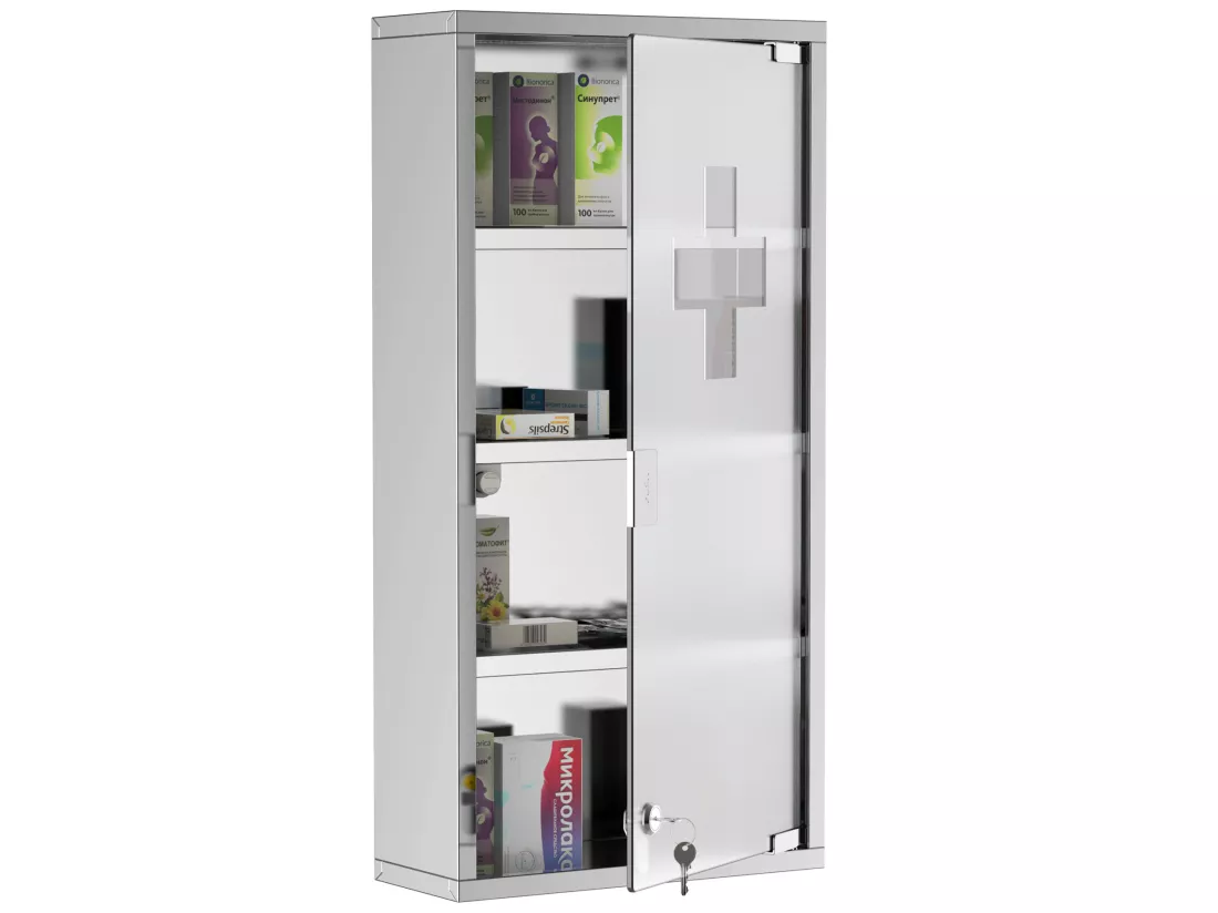 Armoire à pharmacie 3 étagères 4 niveaux 30L x 12l x 60H cm porte verre trempé symbole croix acier inoxydable brossé
