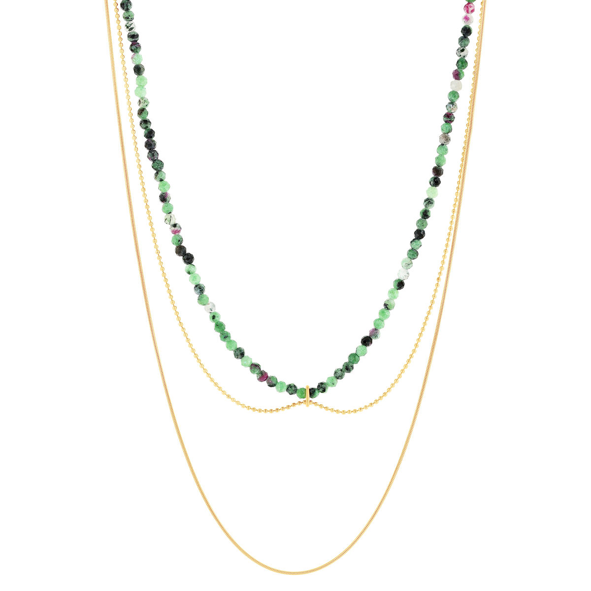 Collier acier doré 3 rangs amazonites vertes 45 cm