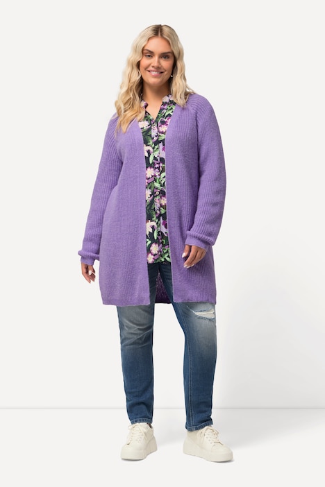 Strickjacke, offene Form, V-Ausschnitt, Rippstrick