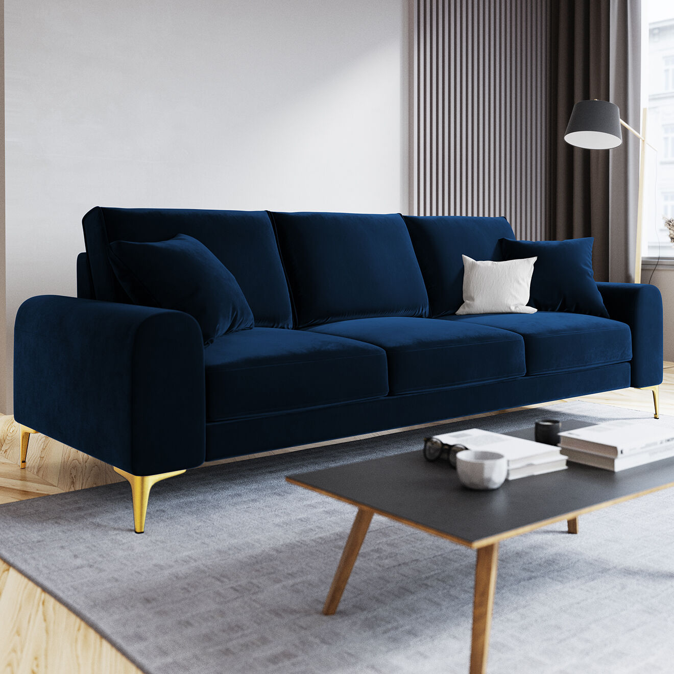 Mazzini Sofas Canapé 3 places velours madara bleu roi - 222x102x90 cm