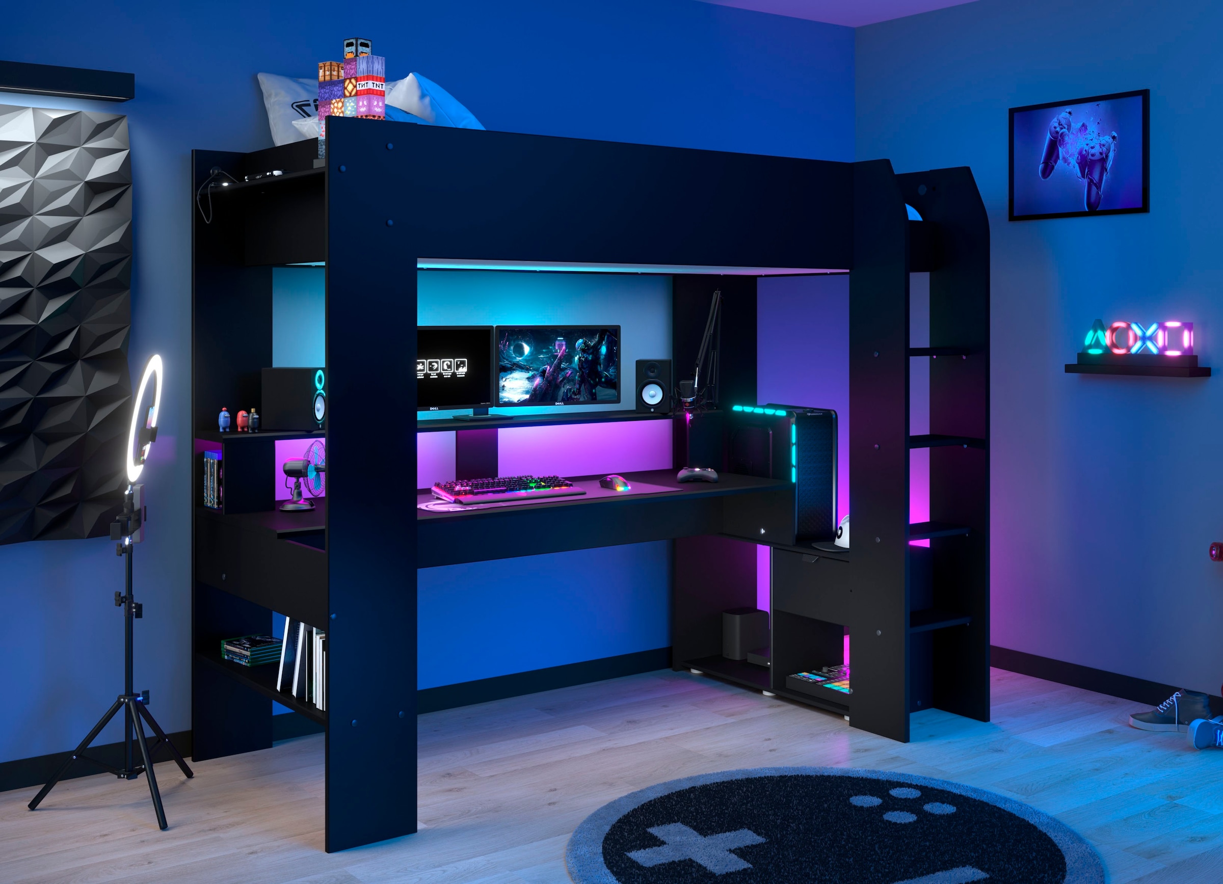 Parisot Hochbett »Gaming-Bett, mit Schreibtisch, USB Anschluss, LED, viel Stauraum« ideal für kleine Räume, TOPSELLER!