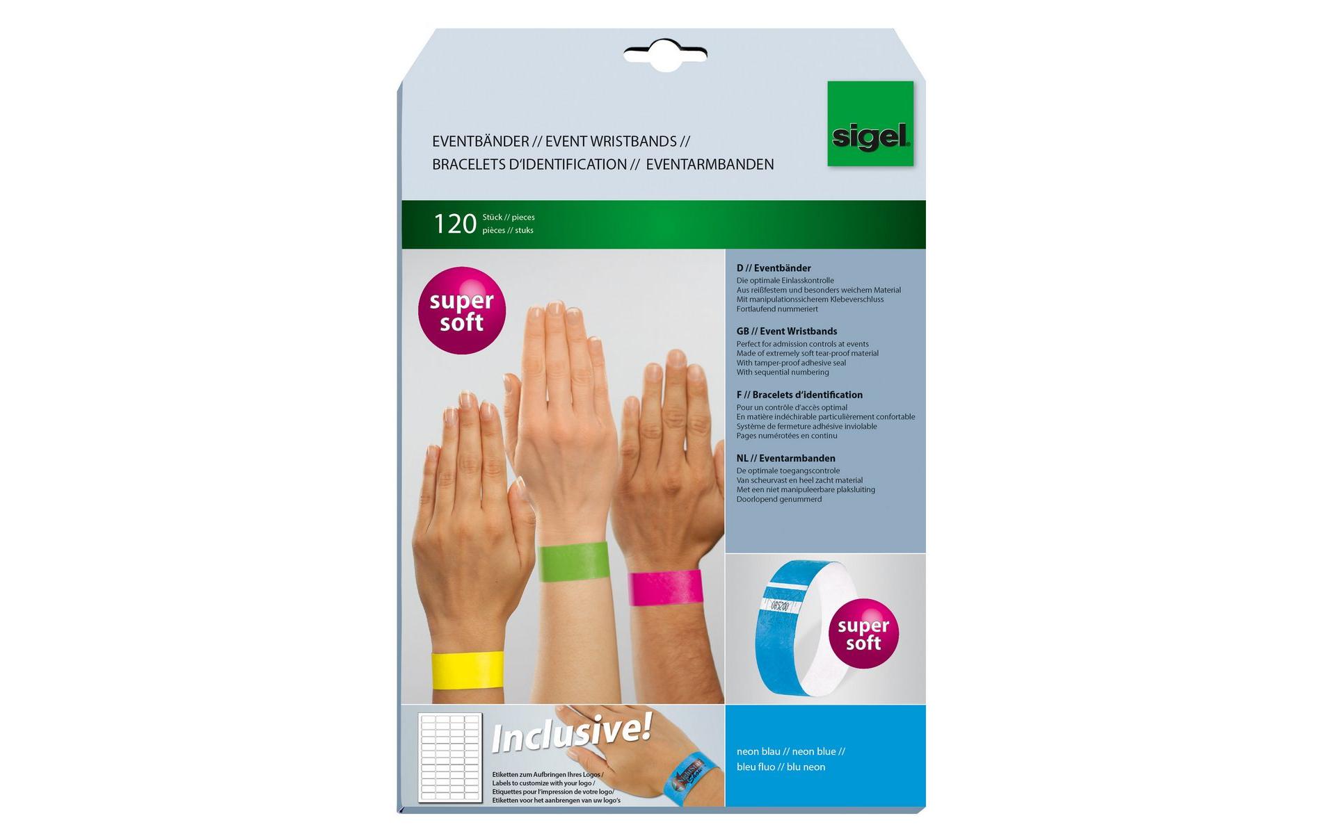 Eventbänder Super Soft 25.5 x 2.5 cm, 120 Blatt, Neon BlauEintrittsbänder ideal zur diskreten Einlasskontrolle