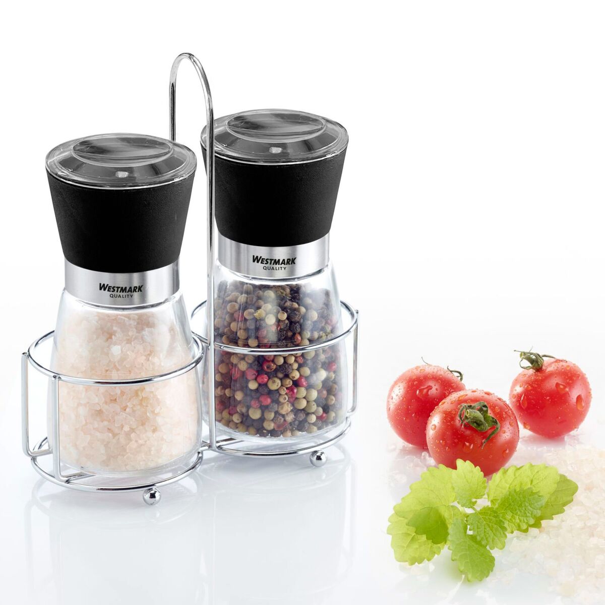 Salt og pepper, sett med bordstativ