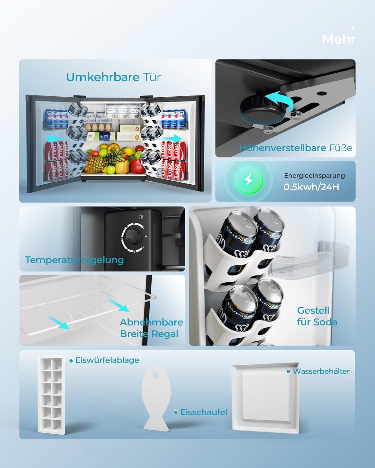EUHOMY Mini Kühlschrank, 46L Kühlschrank klein, kleiner Kühlschrank mit umkehrbarer Tür, 7-Stufen Thermostat, 38dB Ultra-Leise, Energieeffizienter Kompaktkühlschrank für Schlafzimmer, Büro (Schwarz)