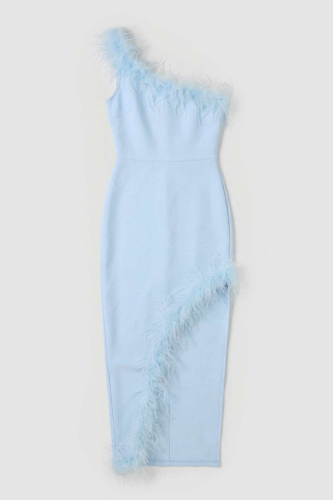 KarenMillen Robe Longue Moulante en Maille Bandage avec Détails Plumes